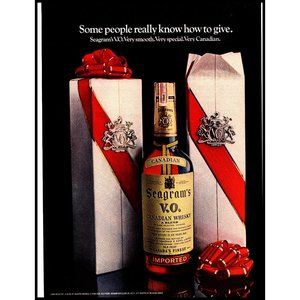 1970 Seagrams V.O. Canadian Whisky Christmas Box Red Bow Vintage Print Ad Art